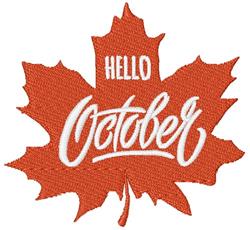 Stylized orange maple leaf with 'Hello October' in white script, modern seasonal design for autumn.