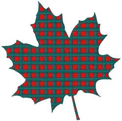 Stylized maple leaf in rich red plaid on green, textured for autumn, perfect for seasonal decor.