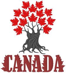 Bold applique maple tree with a black trunk and vibrant red leaves for Canada Day, featuring the word 'CANADA' below.