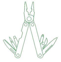 Minimalist multi-tool pliers outlined in green, featuring a screwdriver, knife, saw, and pen.