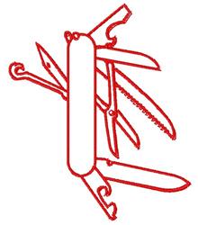 Multi-tool outline in bold red, featuring knife, screwdriver, scissors, and awl in a minimalistic design.