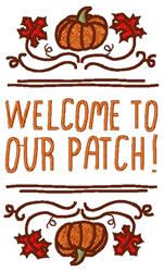 Pumpkin patch applique design with a bright orange pumpkin, vibrant autumn leaves, and welcoming text. Perfect for fall decor