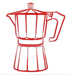 Redwork espresso maker outlined in bold red with clean lines, showcasing its iconic shape and lid.