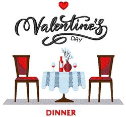Romantic dinner table setting with a light blue tablecloth, red chairs, wine bottles, and a flower vase.