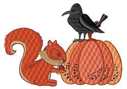 Playful orange squirrel nibbling a nut next to a vibrant pumpkin, with a black crow above, capturing autumn vibes.