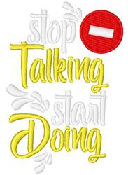 Playful text 'stop Talking start Doing' with vibrant red stop sign and dynamic lettering in lively colors.