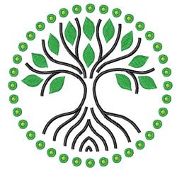 Stylized tree with green leaves, circular border of dots, in a modern design suitable for kitchen towels.