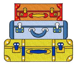 Colorful stack of three suitcases: red with yellow accents, blue with a handle, and yellow with blue details.