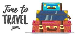 Stack of vibrant suitcases in blue, pink, and orange with playful patterns and 'Time to Travel' text, perfect for vacation th