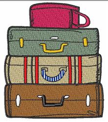 Whimsical stack of four colorful suitcases in pink, green, cream, and brown with unique handles and stripes, perfect for trav