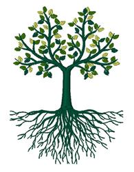 Colorful tree with detailed trunk and lush green leaves, showcasing intricate roots below in vibrant design.