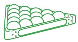Triangular holder in bold green with stacked circular elements, featuring simple line art style.