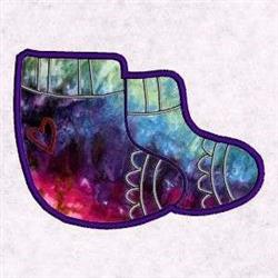 Applique boot with a colorful nebula pattern in purples, blues, and reds, accented by a white outline and heart detail.