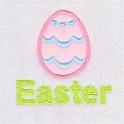 Applique pastel pink Easter egg with blue wave patterns and bright green 'Easter' text, perfect for festive spring decor.