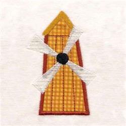 Applique windmill with a yellow checkered pattern, white blades, and a black hub, perfect for cheerful home decor.
