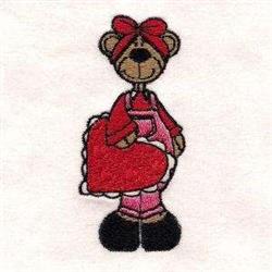 Playful bear in red and pink with a heart and bow, perfect for Valentine's Day, designed for aprons.