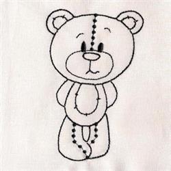 Cute bear line art with a rounded face and large ears, outlined in black on white, perfect for children's items.