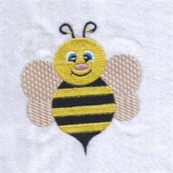 Cheerful cartoon bee with a smiling face, yellow body, black stripes, and beige wings, perfect for playful designs.
