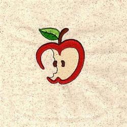 Applique bright red apple with a green leaf and bitten side, showcasing creamy interior on a textured background.