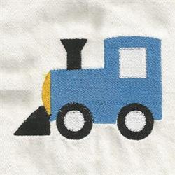 Playful blue train with a yellow front and black wheels, designed for children's items on light fabric.
