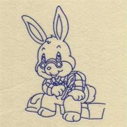 Bluework Handyman Rabbit - 5x7 bunny rabbit redwork embroidery design for Kids Aprons