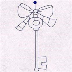 Redwork key adorned with a playful striped bow. Simple line art design in monochrome with a blue accent.