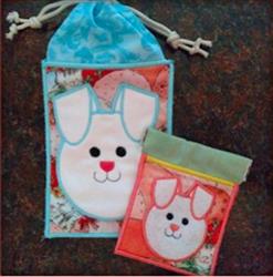 Playful bunny bag with cheerful faces, colorful fabric, and a drawstring, perfect for Easter celebrations.
