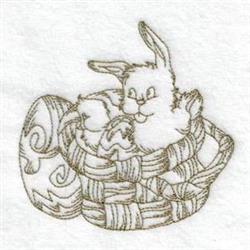 Whimsical bunny peeking from a woven basket, surrounded by patterned eggs in soft beige tones for Easter.