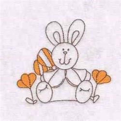Cute bunny with long ears sits in a basket, surrounded by orange flowers, perfect for Easter themes.