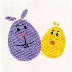 Playful purple bunny and yellow chick shaped like colorful eggs for Easter, featuring cheerful expressions.