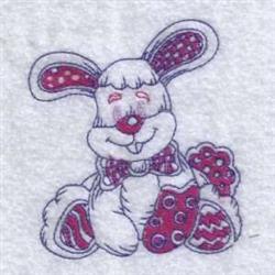 Whimsical bunny with polka dots and a bow tie, surrounded by colorful Easter eggs in red and pink.