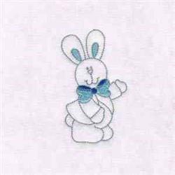 Cheerful bunny with blue bow, waving against a simple white background. Playful design for Easter.