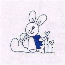 Playful bunny wearing a blue scarf surrounded by green hearts and flowers, perfect for springtime embroidery.