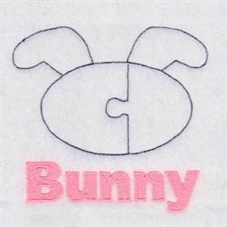 Bunny face outlined in blue with prominent ears and playful pink text below. Cheerful design.