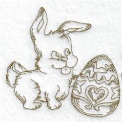 Whimsical bunny rabbit with a playful expression beside a decorated Easter egg in light pastel colors.