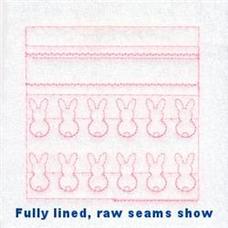 Playful bunnies with pink stitching in a whimsical horizontal pattern, perfect for spring and Easter projects.