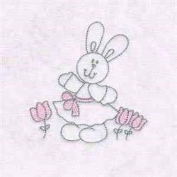 Playful bunny in a dress beside pink tulips, smiling against a pastel background for Easter.