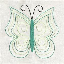 Butterfly with delicate swirling teal and white wings, slender green body, and black antennae; perfect whimsical decor.