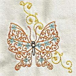 Elegant butterfly in vibrant orange and blue with delicate swirls on a light textured background.