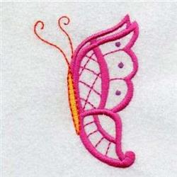Whimsical butterfly with vibrant pink wings, orange antennae, and intricate patterns, perfect for decorative use.