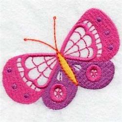 Colorful butterfly with vibrant pink wings, purple accents, and a cheerful yellow body, perfect for kids' items.