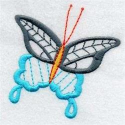 Playful butterfly with blue and gray wings, vibrant red antennae, and whimsical border. Perfect for decorative projects.
