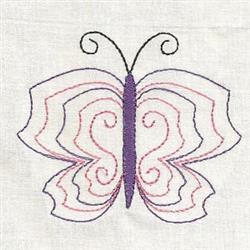 Stylized butterfly in pink and purple with delicate outlines, ideal for playful fabric embroidery.