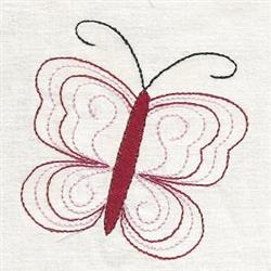 Whimsical butterfly in pink and red with flowing wings, featuring a red body and black antennae.