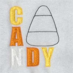 Colorful word 'CANDY' with vibrant letters and a candy corn shape, perfect for Halloween festivities.