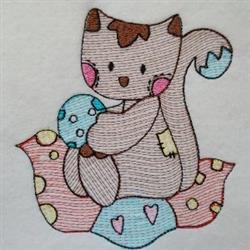 Whimsical cat holding a blue spotted egg on a colorful patch, perfect for Easter-themed quilting.