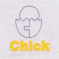 Playful chick hatching from a blue-outline egg, with 'Chick' in bold yellow below, perfect for Easter.