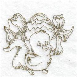 Cheerful chick in a cartoonish style stands by a zigzag patterned Easter egg, surrounded by tulips for Easter.