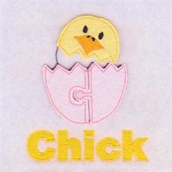 Playful chick emerging from a pink eggshell with a bright yellow face and 'Chick' text, perfect for spring.