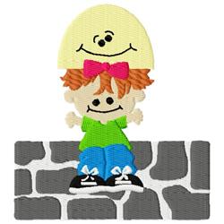 Playful child with an egg-shaped head and bright orange hair stands on a textured brick wall, perfect for Easter.
